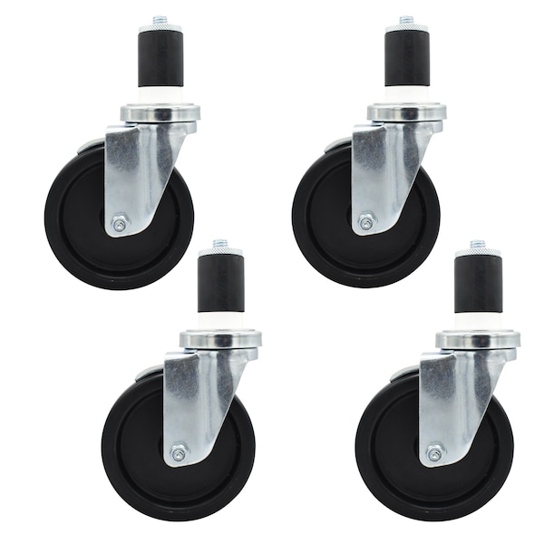 5-inch Polyolefin Expanding Stem Casters, NSF, Top Lock Brake, 300lb Capacity, 4PK